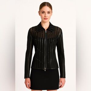 MONACO Studded Striped Zip Motorcycle Jacket Women's M Black Long Sleeve Gothic